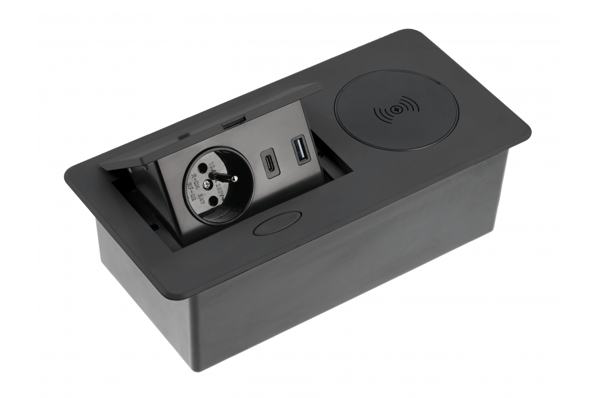 Výklopná 1-zásuvka, černá, 1xUSB,1xUSB C bezdrátové nabijení