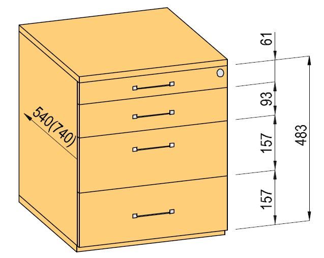 K-BBP Kontejner 540mm typ 1/verze 1 (zásuvka kov,částečný výsuv,dotah)