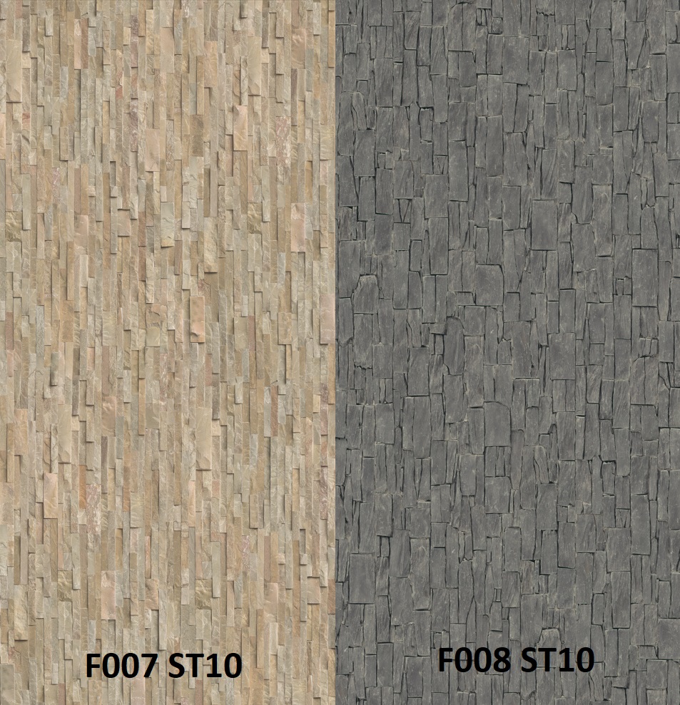 Zástěna kamenný obklad terra hnědý F007 ST10/lámaná břidlice šedá F008 ST10 4100 x 640 x 8mm
