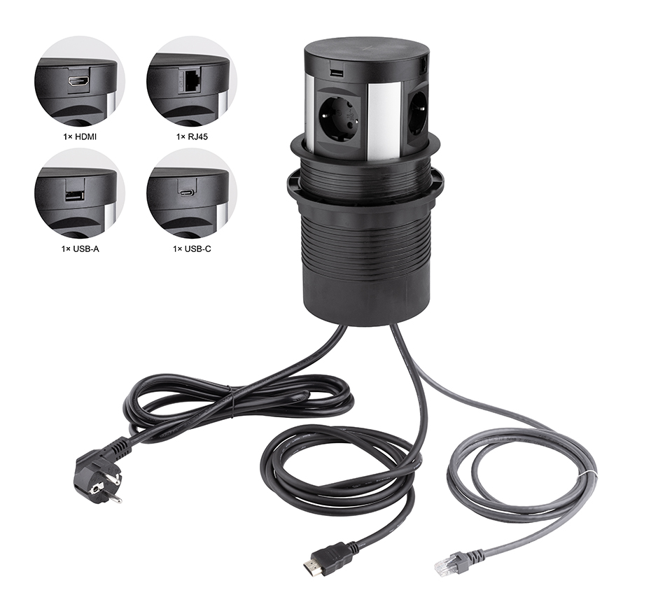 StrongPower El. zásuvka vysouvací,4x230V, Schuko RJ45, USB A+C, HDMI, bezdrártové nabíjení