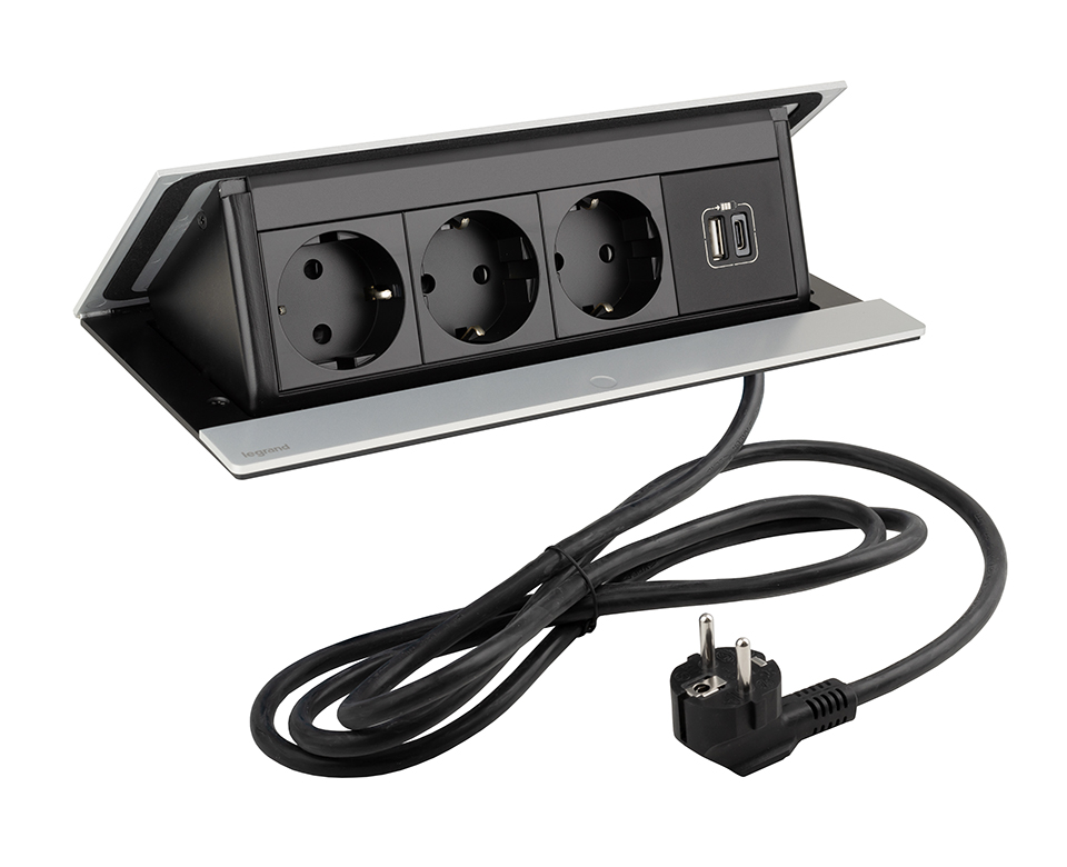 LEGRAND elektrická zásuvka PopUp, 3x 230V, Schuko, 1x USB A+C, eloxovaný hliník